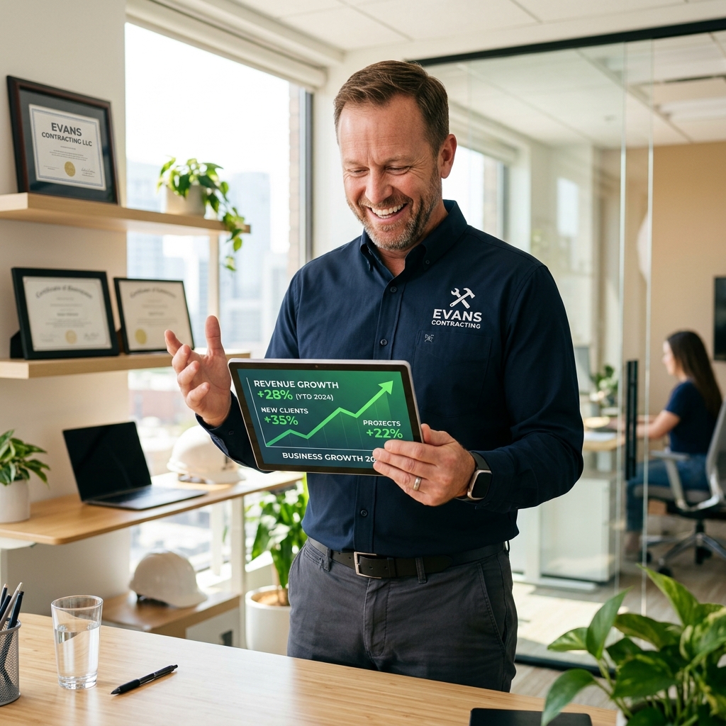 Happy service business owner celebrating ad campaign growth and revenue